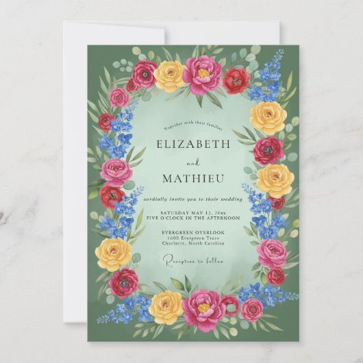 Roze Geel Bloemig Romantisch Huwelijk Kaart (Voorkant)