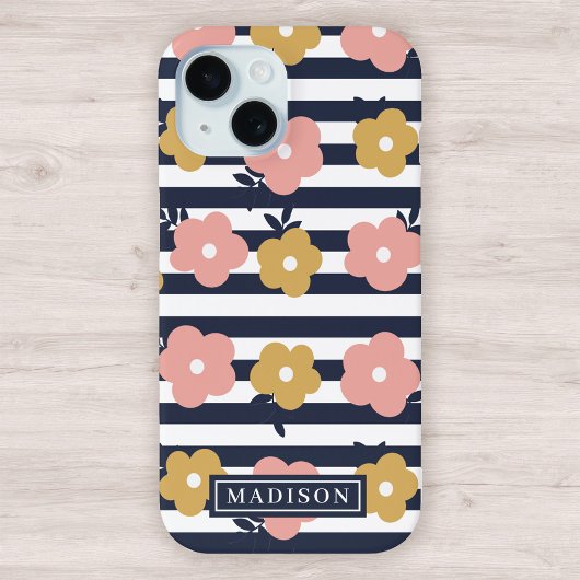 Roze geel bloemmotief op marineblauwe strepen Case-Mate iPhone case