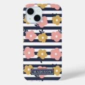 Roze geel bloemmotief op marineblauwe strepen Case-Mate iPhone case (Achterkant)