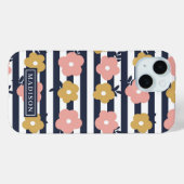Roze geel bloemmotief op marineblauwe strepen Case-Mate iPhone case (Achterkant (horizontaal))