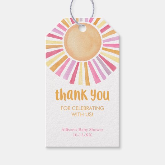 Roze geel Boho zonneschijn zon meisje baby shower Cadeaulabel (Voorkant)