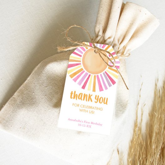 Roze geel Boho zonneschijn zon verjaardagsfeest Cadeaulabel