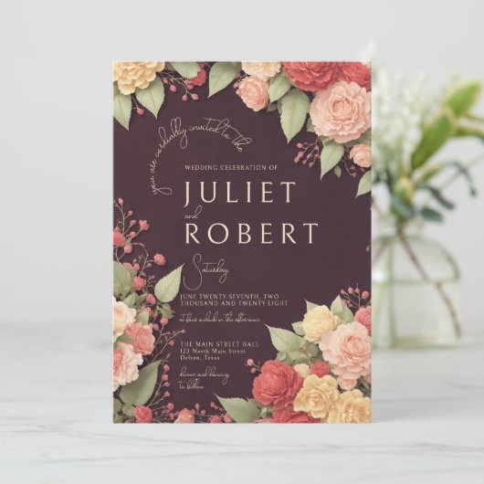 Roze Geel Bourgogne Winter Bloemen Bruiloft Kaart (Staand voorkant)