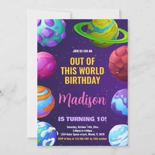 Roze Geel Buitenruimte Verjaardag Uitnodigingen (Voorkant)