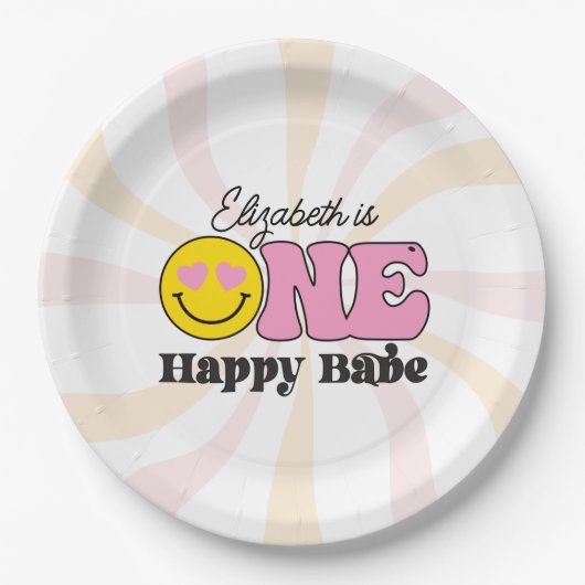 roze geel een gelukkig babe eerste verjaardag papieren bordje (Voorkant)