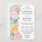 Roze Geel en Blauw Boho Bloemen Huwelijk Kaart (Voorkant)