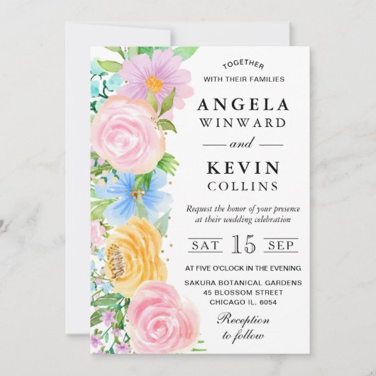 Roze Geel en Blauw Boho Bloemen Huwelijk Kaart (Voorkant)