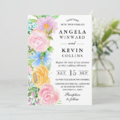 Roze Geel en Blauw Boho Bloemen Huwelijk Kaart (Staand voorkant)