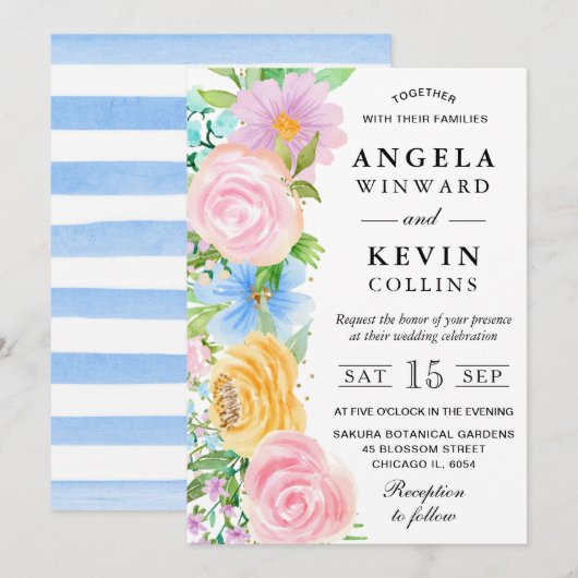 Roze Geel en Blauw Boho Bloemen Huwelijk Kaart (Voorkant / Achterkant)