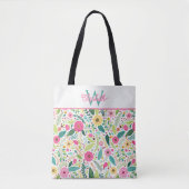 Roze Geel en Turquoise Lente Bloem Monogram Tote Bag (Voorkant)
