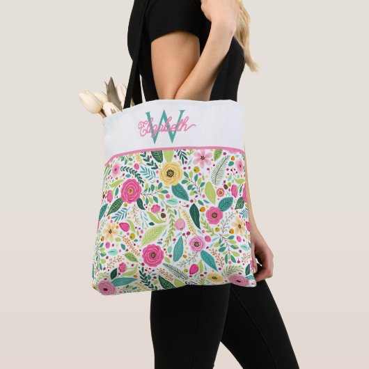 Roze Geel en Turquoise Lente Bloem Monogram Tote Bag (Dichtbij)