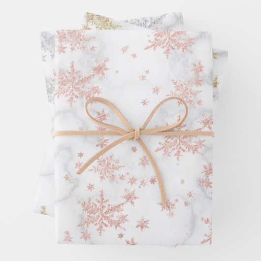 Roze Geel Geel Goud Zilver Snowflakes Witte marmer Inpakpapier Vel (In situ)