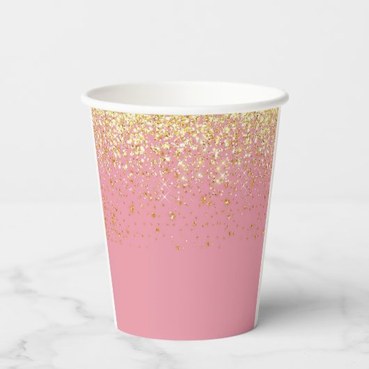 Roze Geel Gouden Glitter Monogram Naam Papieren Bekers (Achterkant)