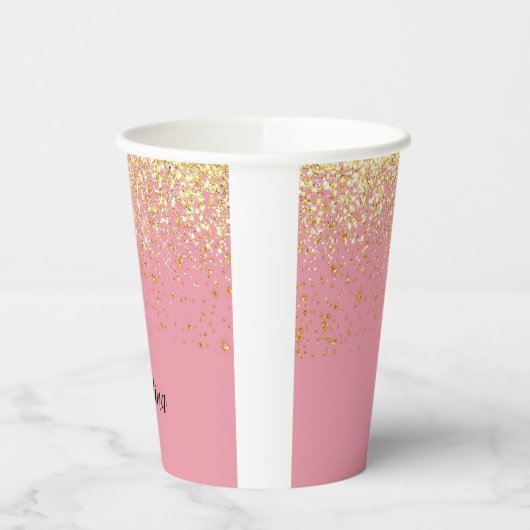Roze Geel Gouden Glitter Monogram Naam Papieren Bekers (Links)