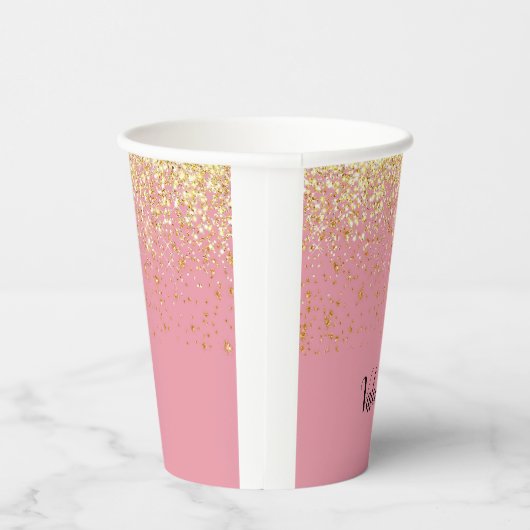 Roze Geel Gouden Glitter Monogram Naam Papieren Bekers (Rechts)