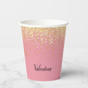 Roze Geel Gouden Glitter Monogram Naam Papieren Bekers