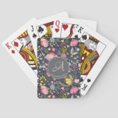 Roze geel grijs bloemmotief monogram naam pokerkaarten (Achterkant)