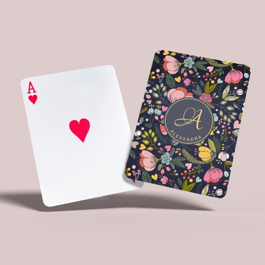 Roze geel grijs bloemmotief monogram naam pokerkaarten