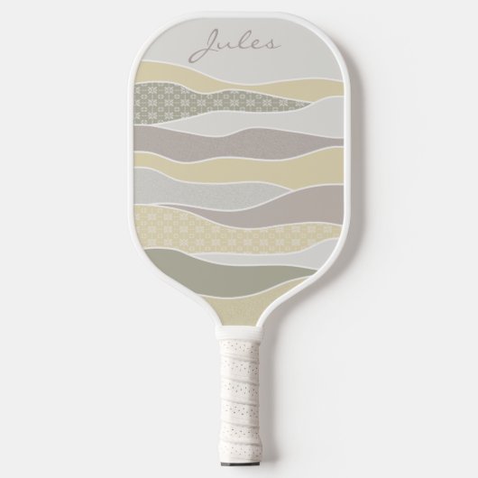 Roze Geel Groen Curve Stripe Abstracte Golven Naam Pickleball Paddle (Voorkant)