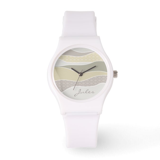 Roze Geel Groen Gebogen Streep Abstracte Wave Naam Horloge (Voorkant)