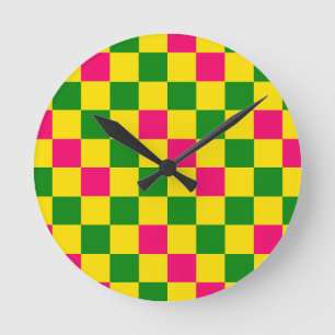 Roze Geel Groen Geruit Patroonontwerp Ronde Klok