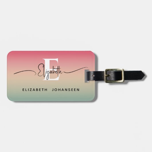 Roze Geel & Groen Verloop Script Naam Monogram Bagagelabel (Voorkant horizontaal)