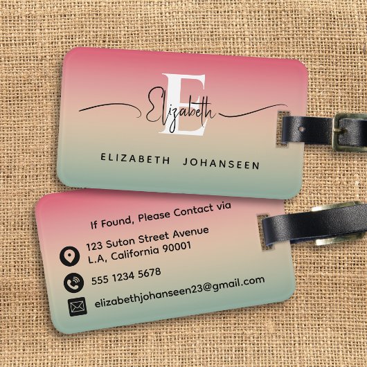 Roze Geel & Groen Verloop Script Naam Monogram Bagagelabel