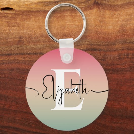 Roze Geel & Groen Verloop Script Naam Monogram Sleutelhanger (Voorkant)