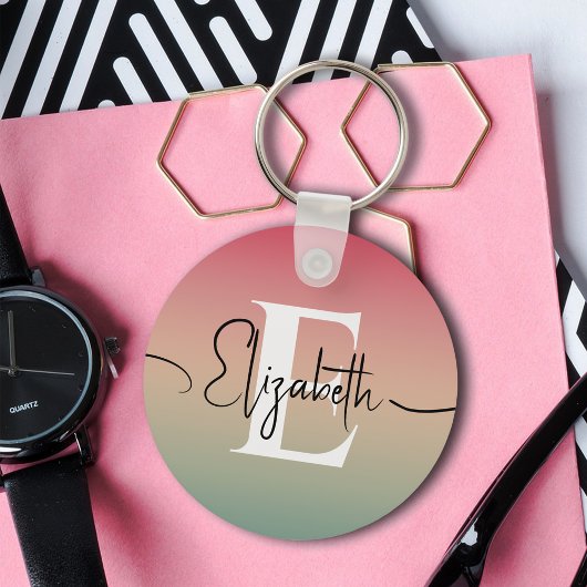 Roze Geel & Groen Verloop Script Naam Monogram Sleutelhanger