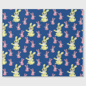 Roze Geel Kawaii Konijnenkonijn Blauwe Achtergrond Cadeaupapier (Vlak)