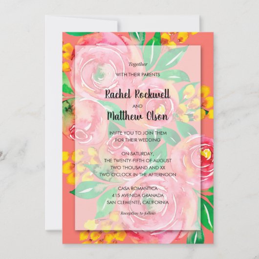 Roze Geel Koraal Bloemen Bruiloft Kaart (Voorkant)