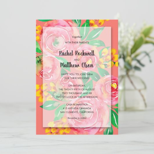 Roze Geel Koraal Bloemen Bruiloft Kaart (Staand voorkant)