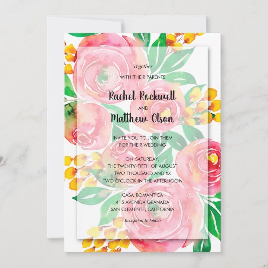 Roze Geel Koraal Waterverf Bloemen Bruiloft Kaart (Voorkant)