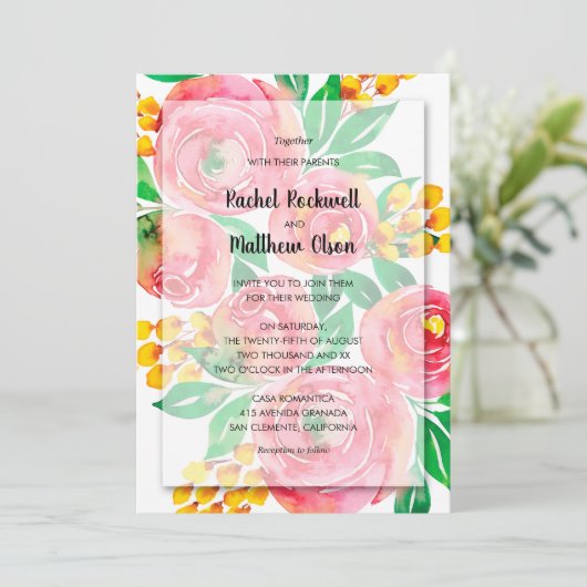 Roze Geel Koraal Waterverf Bloemen Bruiloft Kaart (Staand voorkant)