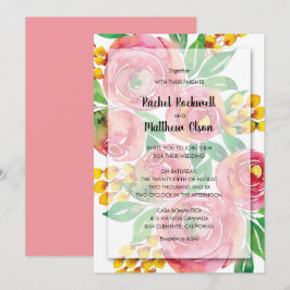 Roze Geel Koraal Waterverf Bloemen Bruiloft Kaart