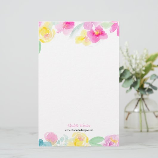  roze geel losse bloemen waterverf briefpapier (Staand voorkant)