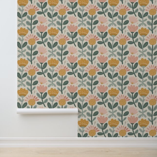Roze Geel Modern Bloemmotief Behang (Applicatie)
