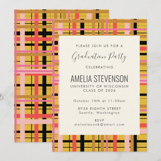 Roze Geel Moderne Plaid Afstudeerfeest Kaart (Voorkant / Achterkant)