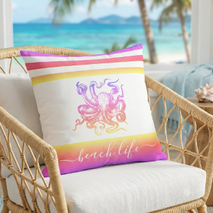 Roze geel ombre octopus moderne strand levensstijl buitenkussen