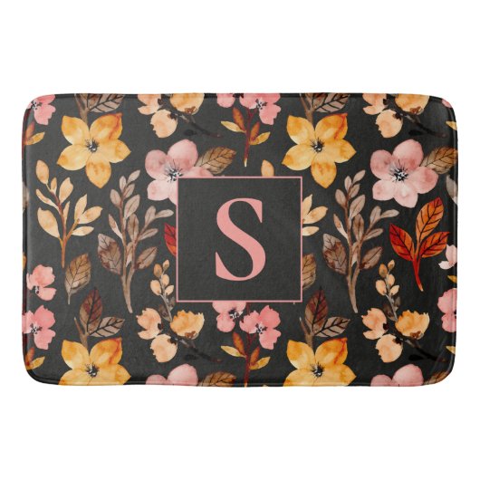 Roze Geel Oranje Bloemig Zwart Monogram  Badmat (Voorkant)