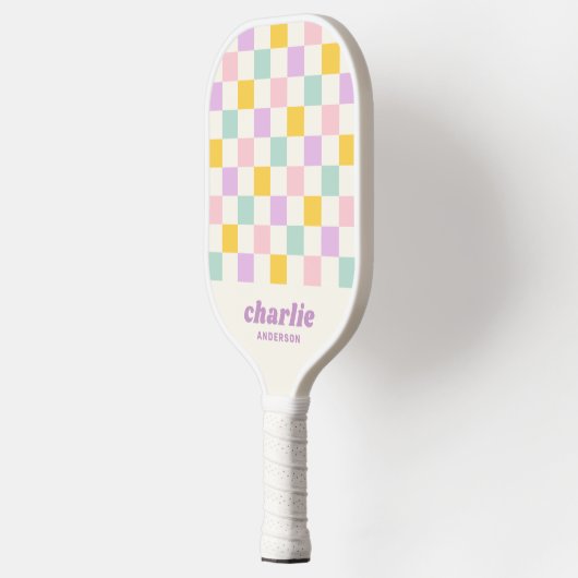 Roze geel paarse blauw dambord retro pickleball paddle (Links)