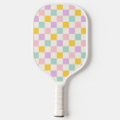 Roze geel paarse blauw dambord retro pickleball paddle (Achterkant)