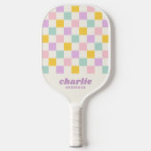 Roze geel paarse blauw dambord retro pickleball paddle (Voorkant)