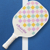 Roze geel paarse blauw dambord retro pickleball paddle