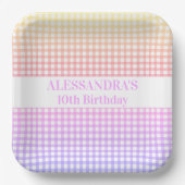 Roze Geel Pastel Gradient Gingham Verjaardag Papieren Bordje (Voorkant)