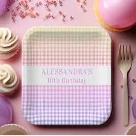 Roze Geel Pastel Gradient Gingham Verjaardag Papieren Bordje