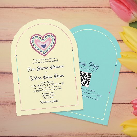 Roze Geel Retro Trouwuitnodiging met QR-code Kaart
