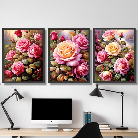 Roze Geel Rozen Landschap Waterverf Kunst Muurkunst Sets