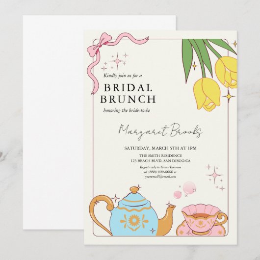 Roze Geel Schattige Bruids Brunch Douche Tea Party Kaart (Voorkant / Achterkant)