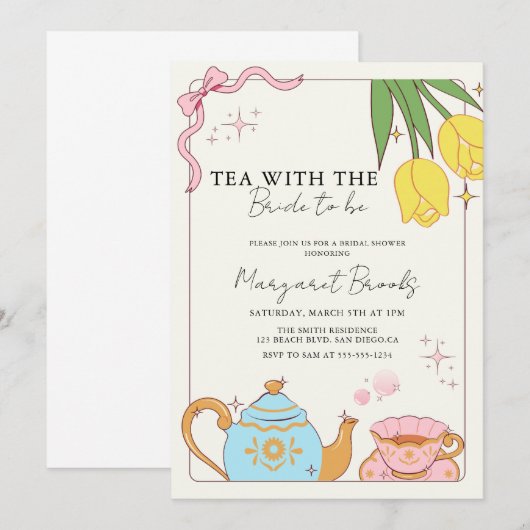 Roze Geel Schattigee Bruids Tea Party Kaart (Voorkant / Achterkant)